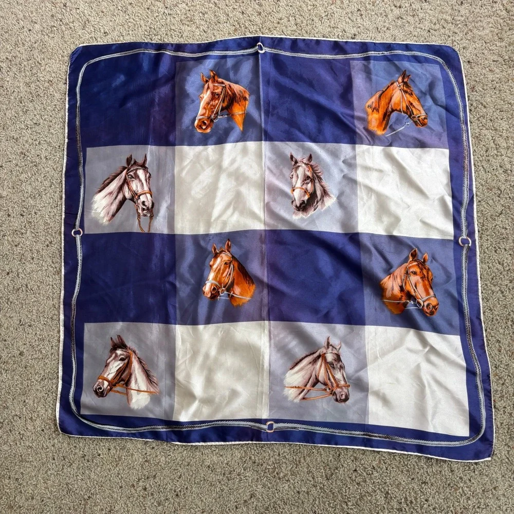 Vintage Horse Scarf Blue‎ White Plaid Equestrian Satin Square Neck Scarf Art SEE